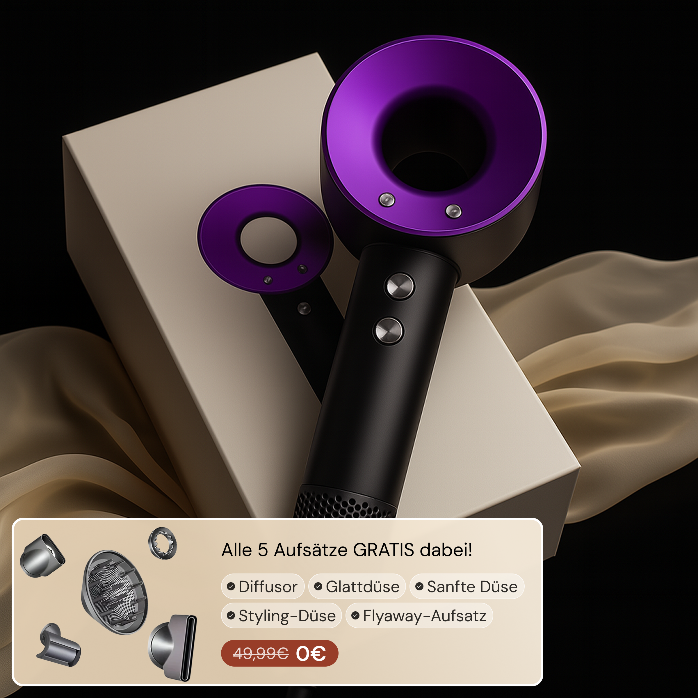 DOYOO AirPro 5in1 Hochleistungsföhn in Lila mit allen Stylingaufsätzen für vielseitiges Haarstyling