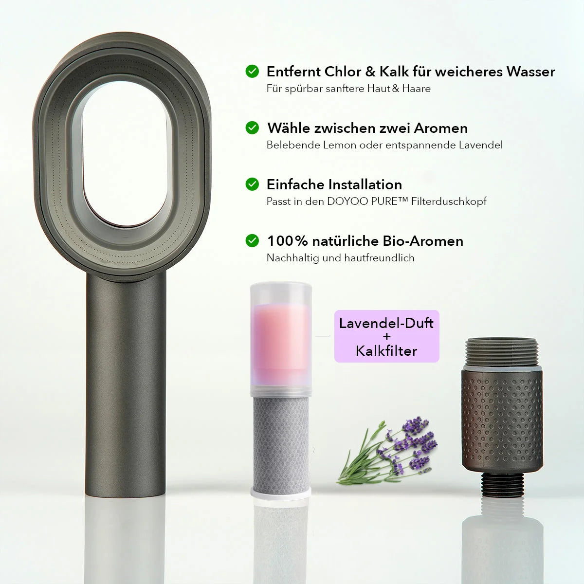 Duschkopf-Wasserfilter mit Bio-Lavendelduft und Aktivkohlefilter für weiches Wasser